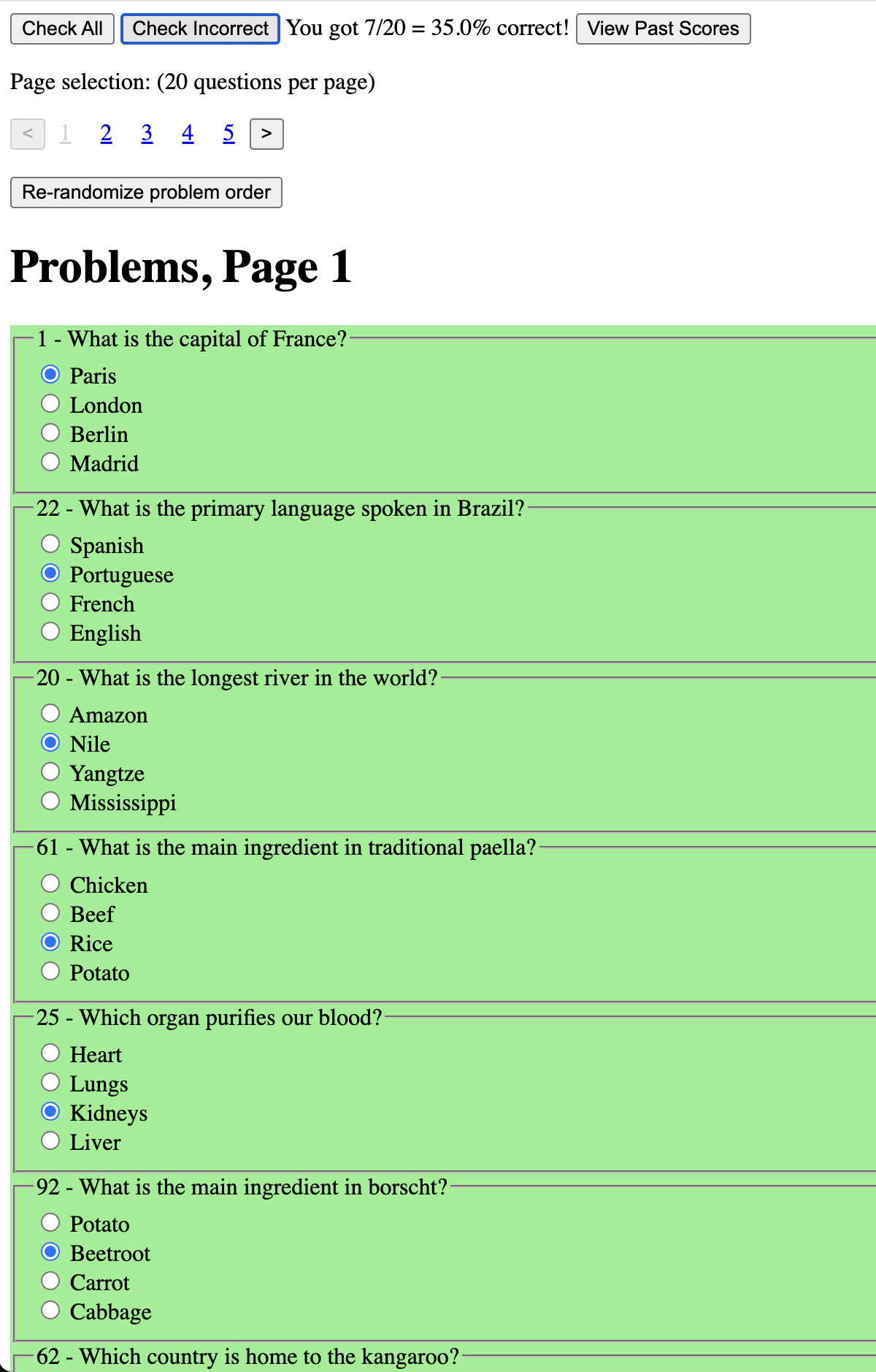 Problems page showing some problems, graded the second time after correcting the 1 incorrect answer (12 incorrect unshown)