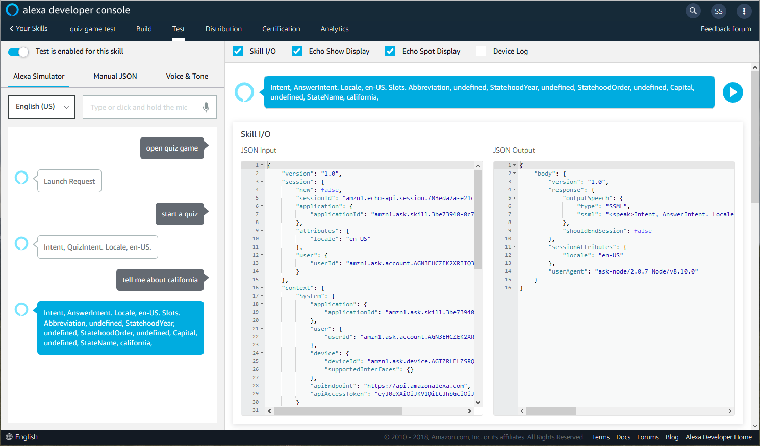 Screenshot of the Alexa Developer console for a generic example skill